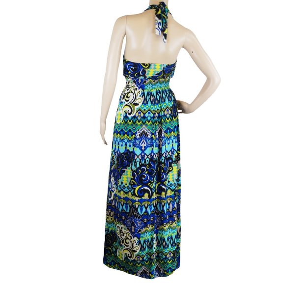 Bisou Bisou Blue Abstract Halter Maxi Dress - M, 6 - Boho Print, Stretchy, Trips - Picture 5 of 7